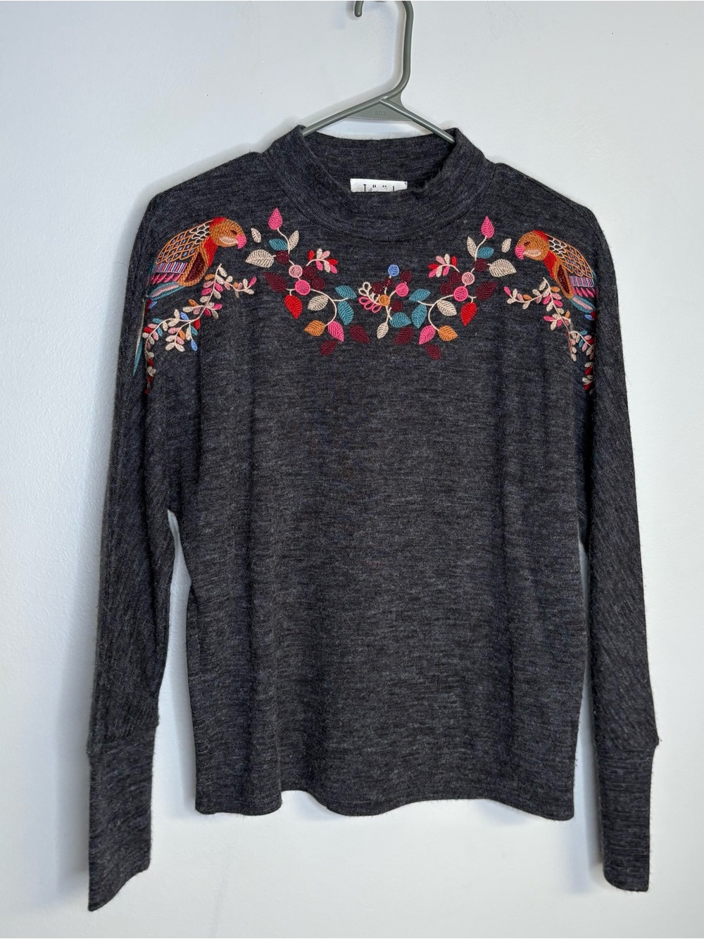 THML Charcoal Embroidered Mock Neck Sweater with Multicolor Bird Motif